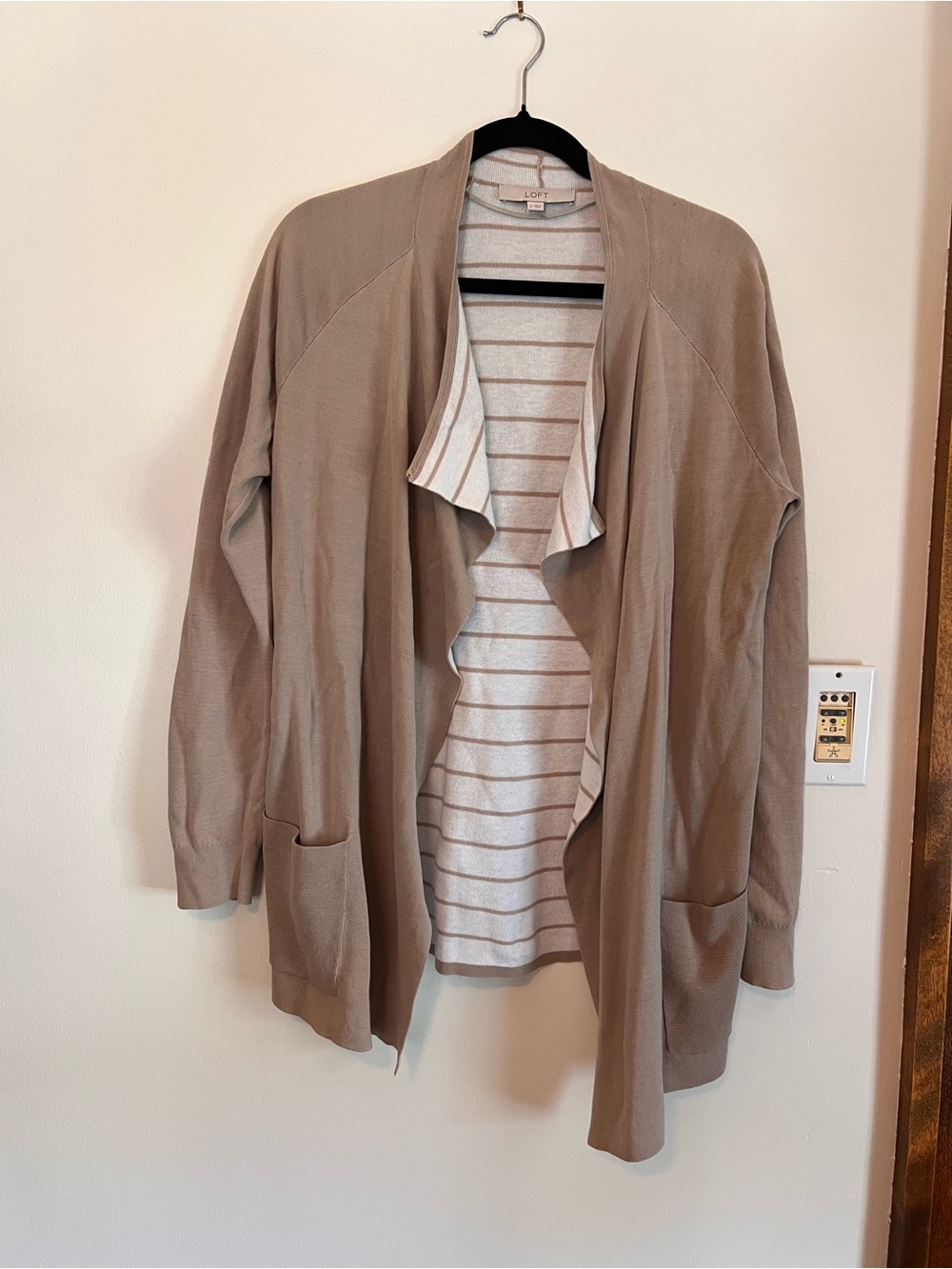 LOFT Taupe Open-Front Draped Cardigan with Striped Lining